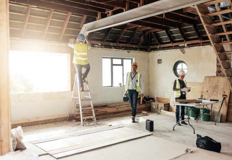 Teamwork, architecture or construction worker working, planning or collaboration for construction s.